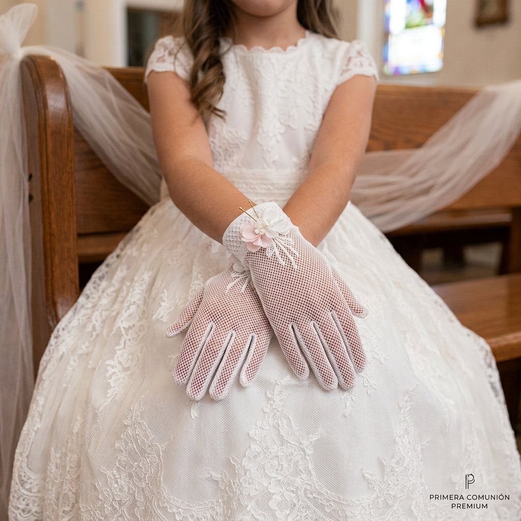 Guantes Violeta Serena en blanco roto y rosa palo para comunión - vista principal