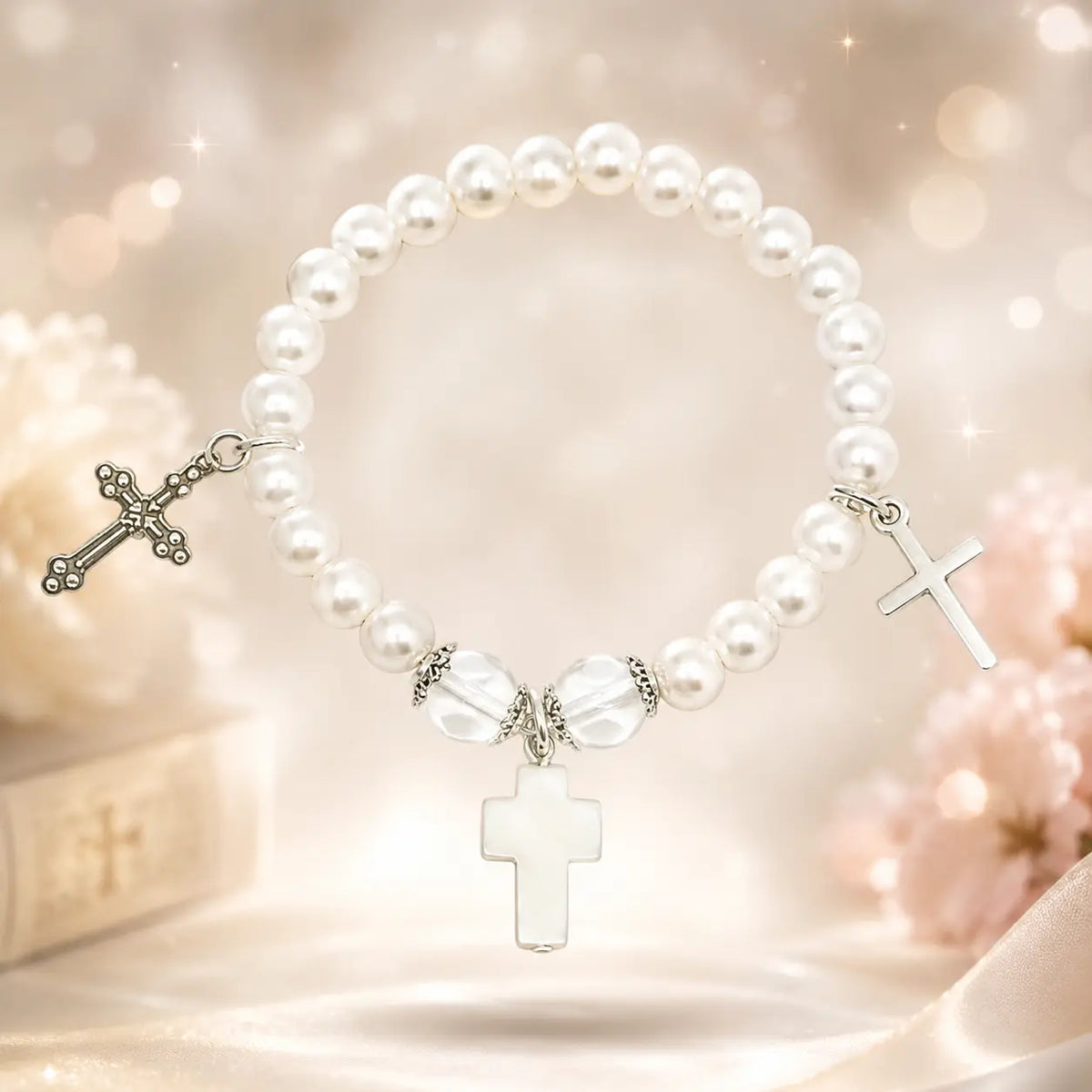 Pulsera floral Alba Serena en plata para comunión y arras - vista principal