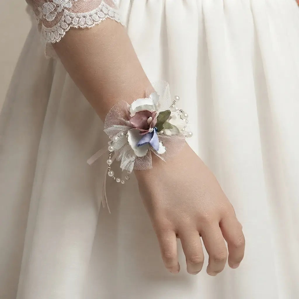Pulsera floral Lila Dulce en marfil y rosa palo para comunión y arras - detalle