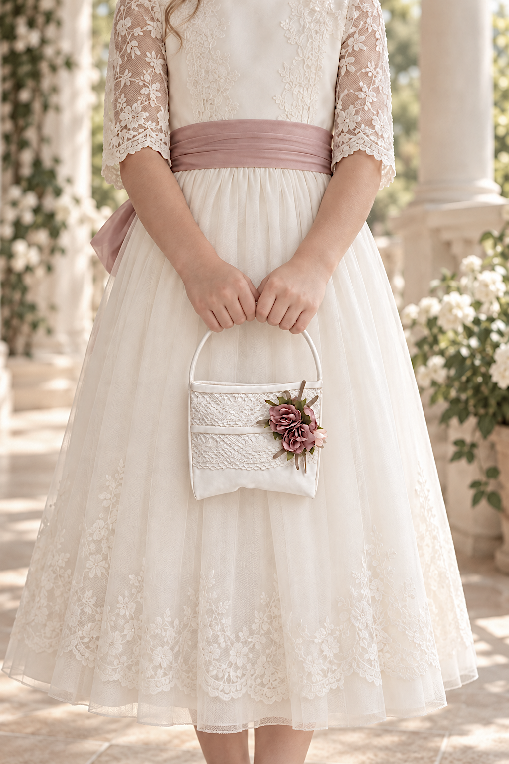 Bolso limosnera Peonía Serena en rosa palo y rosa para comunión y arras