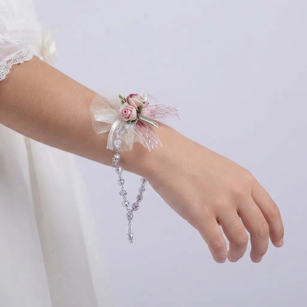 Pulsera floral Violeta Dulce en marfil y rosa palo para comunión y arras - detalle