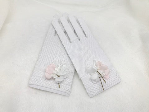Guantes Violeta Serena en blanco roto y rosa palo para comunión - detalle