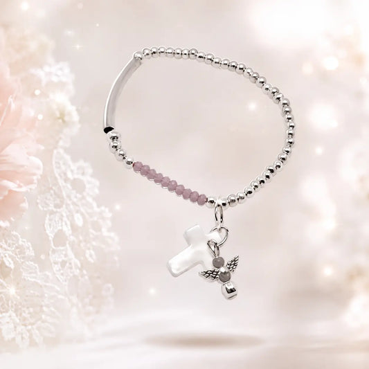 Pulsera floral Iris Dulce en malva y plata para comunión y arras - vista principal